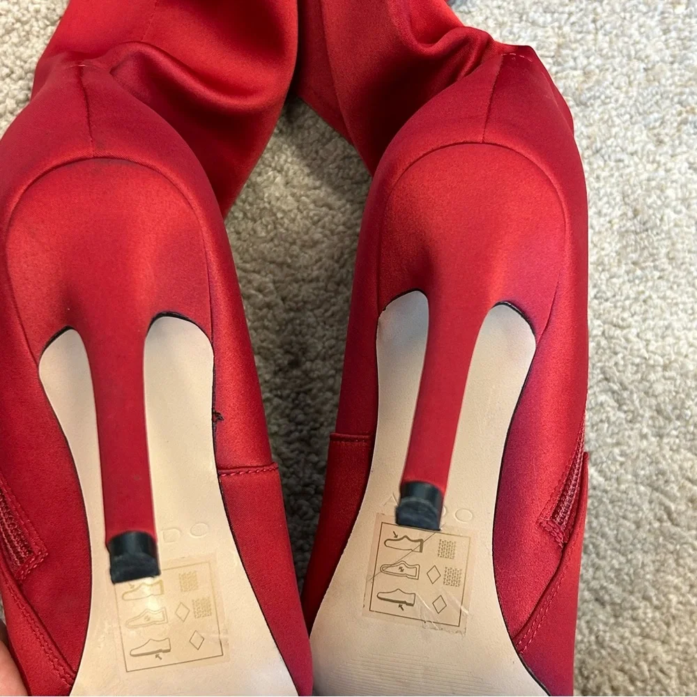 Aldo red satin stiletto thigh high over the knee high heel boots Sz 7